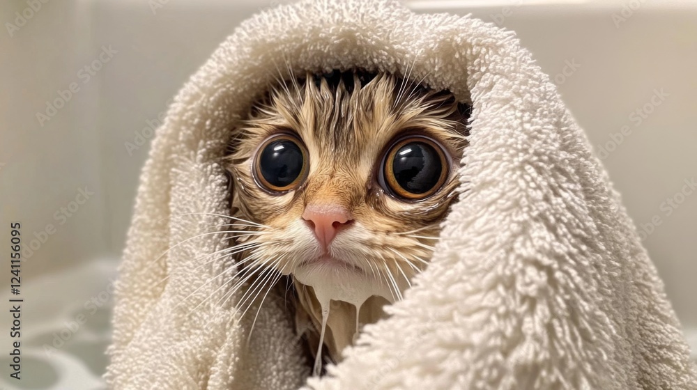 Aufkleber a wet cat wrapped in a fluffy towel after a bath, its big eyes peeking out with a mix of relief and 