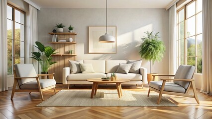Minimalist Off-White Sofa & Light Oak Chair: Modern Living Room Interior Design