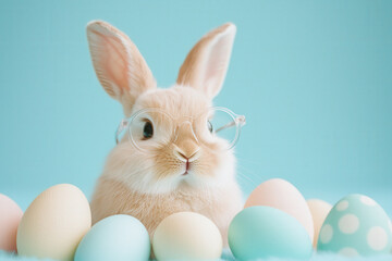 Fototapeta premium Cute bunny with glasses surrounded by pastel Easter eggs on a blue backdrop