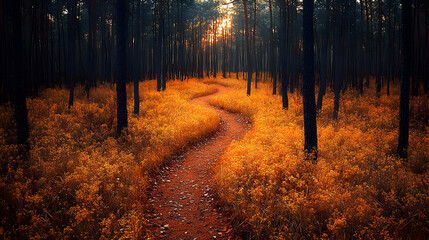Autumnal Forest Path with Golden Sunlight
