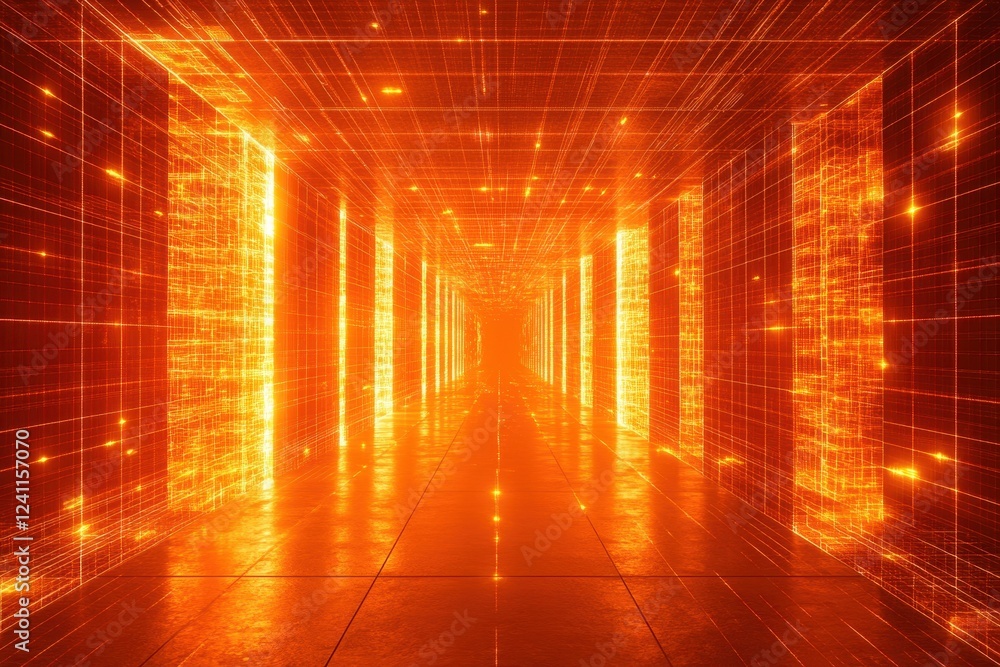 Poster futuristic neon corridor with glowing lines and grid patterns