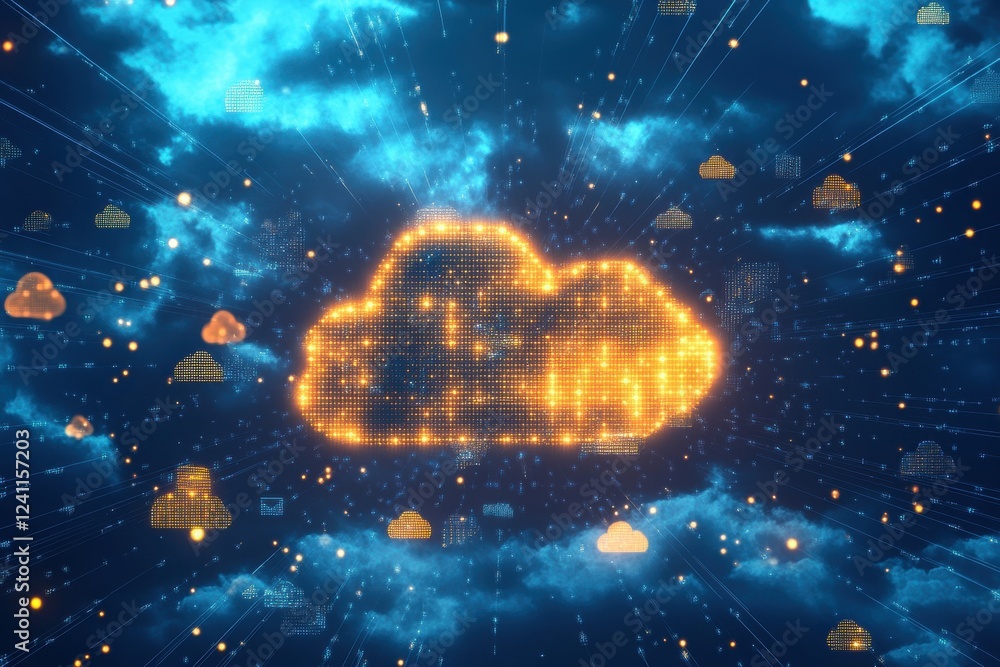 Aufkleber digital cloud technology with glowing data visualizations and effects