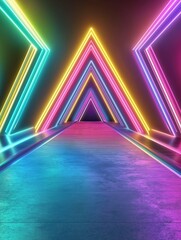Fototapeta premium photography of a futuristic neon-lit tunnel with glowing triangular shapes creating a symmetrical perspective, vibrant colors reflecting on the glossy floor