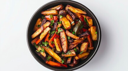 Plate of fried vegetables with meat on white background, top view.
