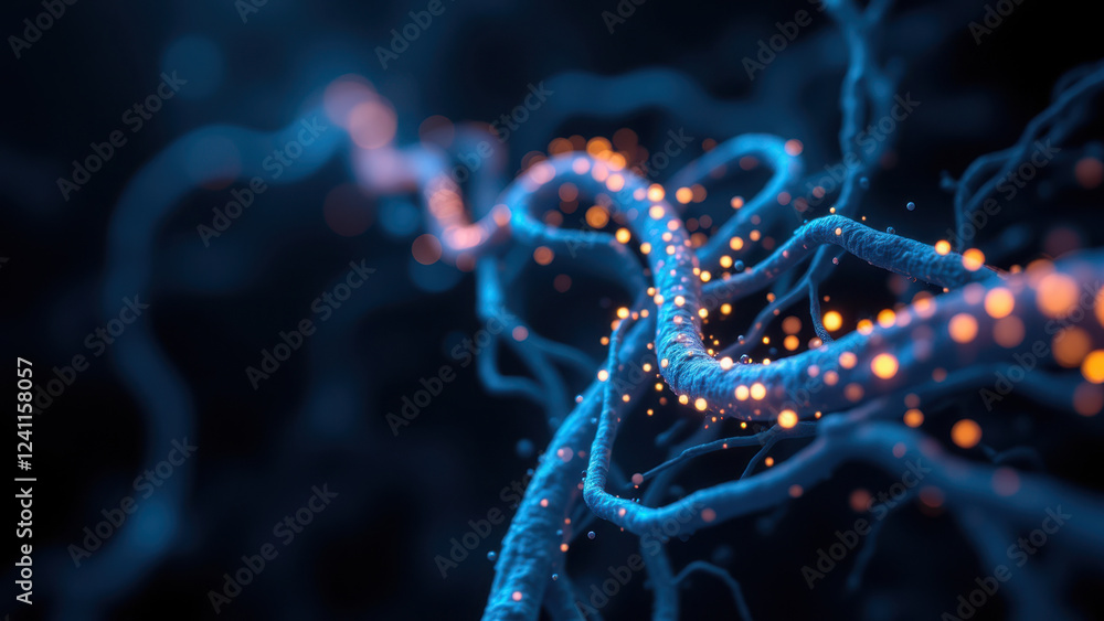 Poster close-up view of a densely packed network of neurons with glowing synaptic connections, highlighting