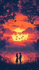 Obraz premium Valentine's Day Wallpaper with Romantic Sunset, Couples, and Emotional Atmosphere