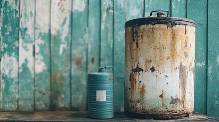 Vintage Metal Containers Against Textured Wooden Background