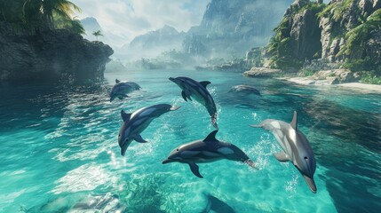 Obraz premium Playful Dolphins Jumping in Crystal Clear Tropical Waters