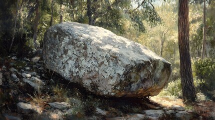 Majestic Large Boulder Surrounded by Lush Forest Landscape