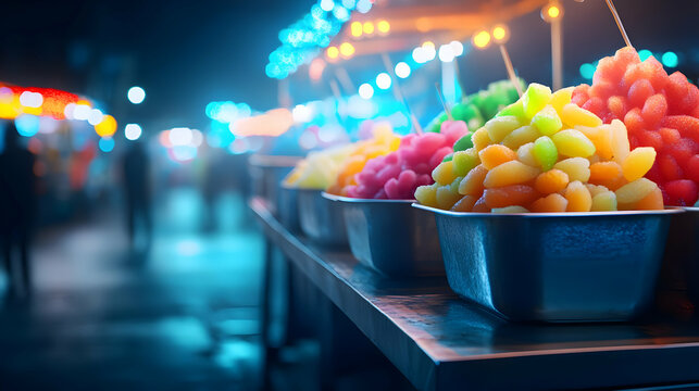 Colorful fruit bowls displayed at a vibrant night market, enticing customers with their fresh and bright appearance.