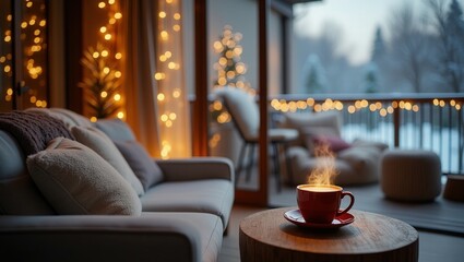 Cozy design of modern Balcony On Winter, cinematic photography