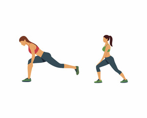 Two women are shown in profile view performing a leg stretch, likely a lunge or hamstring stretch.