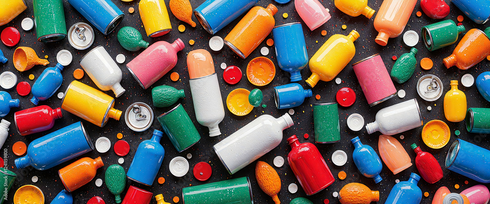 Poster a colorful assortment of paint bottles and other objects are scattered across a black background. co