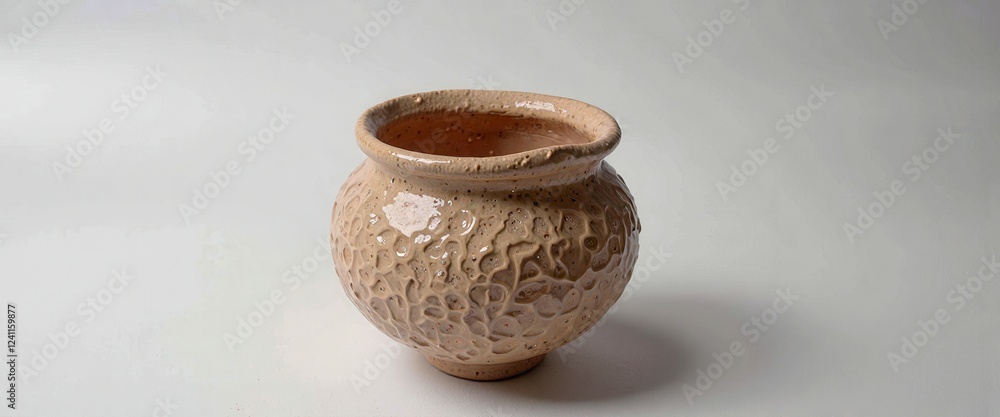 Poster a small, brown vase with a rough texture sits on a white surface. the vase appears to be made of cla