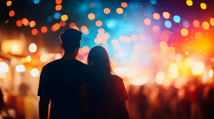 Couple enjoying a festive evening with colorful lights and a vibrant atmosphere.
