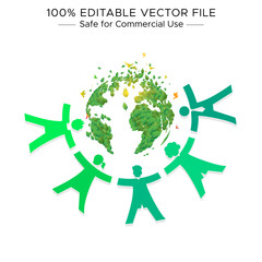 eco warriors, green world of leaf, sustainability concept, logo illustration. Group of people promoting and saving Earth Environment on world Environment day.