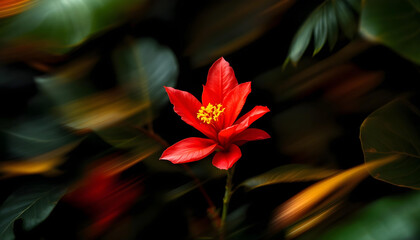 Fototapeta premium A dark tropical pattern highlighting dark green taro leaves and bright red ginger flowers against a black background