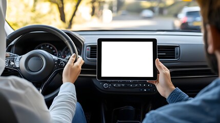 A young Muslim couple enjoying a casual and modern travel experience with the wife in a hijab excitedly presenting a blank screen tablet to her husband as they drive along the open road