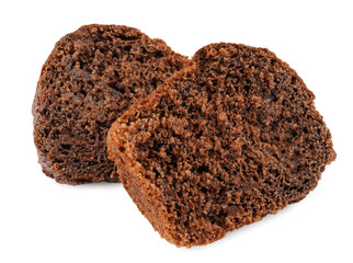 Sliced chocolate muffin isolated on white background.