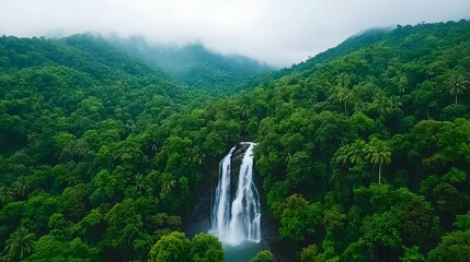 Lush green mountains waterfall aerial view misty tropical rainforest travel poster