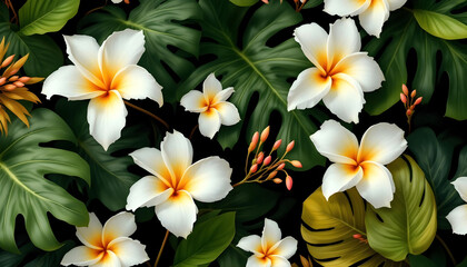 Fototapeta premium A dark tropical pattern showcasing oversized monstera leaves and delicate white plumeria flowers on a black background