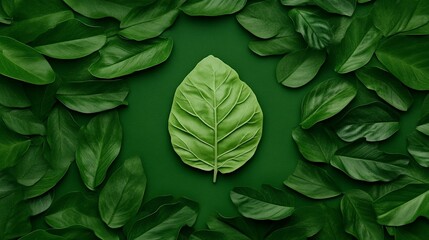Green Leaf Centerpiece: A single, vibrant green leaf takes center stage, surrounded by a harmonious arrangement of similar leaves, creating a visually captivating and naturally calming image.