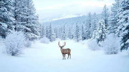 Fototapeta premium Majestic deer in snowy mountain forest winter landscape; ideal for nature, wildlife, or winter holiday cards