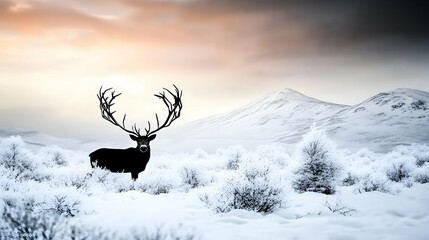 Naklejka premium Majestic stag in snowy highlands at sunrise; winter landscape background, ideal for calendars or nature documentaries