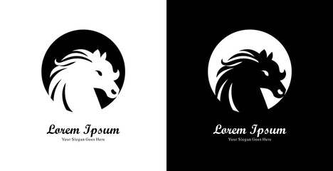 desain logo berbentuk kepala kuda yang dipadukan dengan lingkaran dan bergaya modern