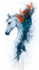 Majestic white horse portrait, vibrant abstract background, artistic style, ideal for fantasy art or equestrian publications