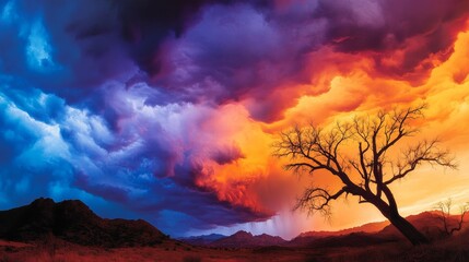 Fototapeta premium Vibrant sunset over a dramatic landscape with a solitary tree silhouetted against colorful clouds