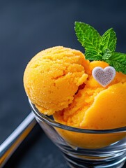 Delicious mango sorbet served in a glass with mint leaves and a sweet heart decoration.