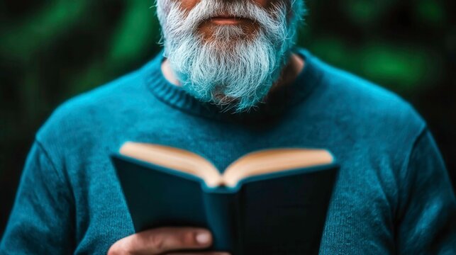 Elderly Man Reading Book Outdoors in Nature with Calm Expression