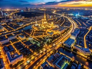 Obraz premium Night Aerial View of Moscow Cityscape from Airplane - Stunning City Lights