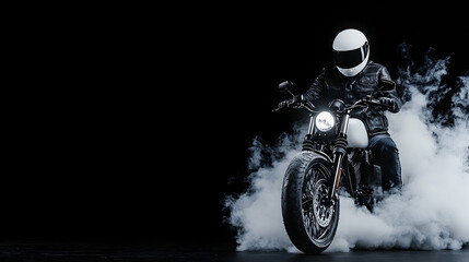 Motorcycle rider, smoky burnout, dark background, action shot, transportation