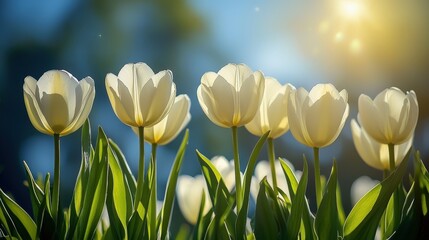Fototapeta premium Beautiful White Tulips Against a Soft Blue Background in Natural Light Highlighting Their Delicate Petals and Green Leaves