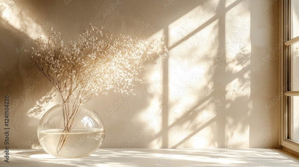 Poster ethereal spring light filtering through a window, casting soft shadows on a glass vase with delicate