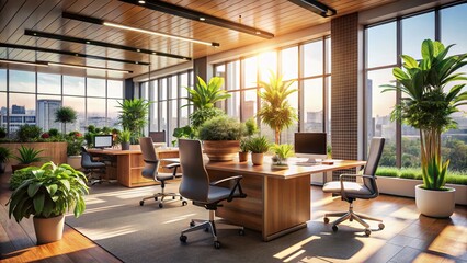Modern Office Interior Design: Stylish Workspace with High Depth of Field
