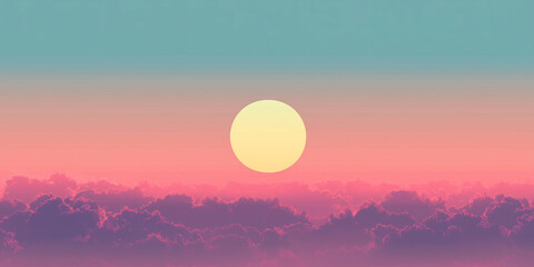 Fototapeta premium Gradient sunset sky showcases soothing pastel hues, while a brilliant sun sinks below fluffy clouds, creating a serene scene during evening twilight