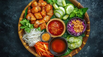 Colorful Vietnamese Cuisine with Chicken, Vegetables, and Sauces