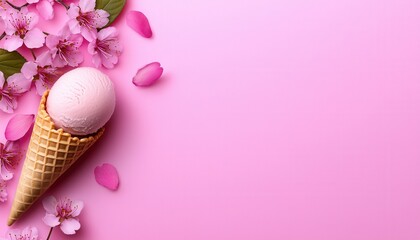 Delicious pink ice cream cone surrounded by blooming cherry blossoms on pastel background.
