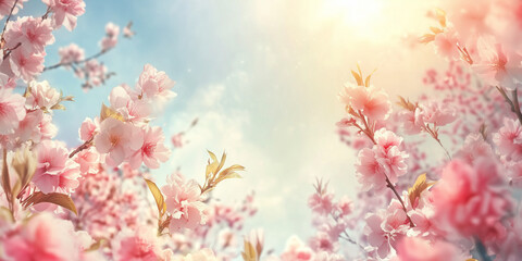 Fototapeta premium Vibrant cherry blossoms in full bloom under a bright blue sky with a warm sun, creating a serene atmosphere perfect for a spring day