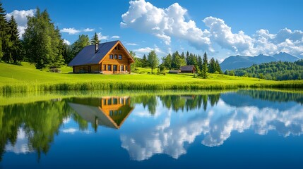 Obraz premium A beautiful house in the distance, surrounded by green grass and trees on both sides of it is blue sky and white clouds 