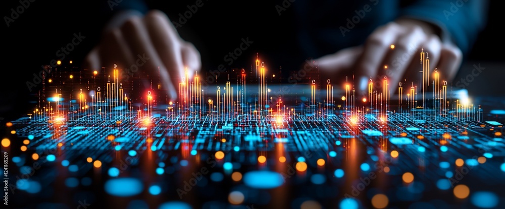 Poster hands using digital tablet, cityscape data visualization, tech background