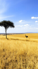 Obraz premium Ostrich in golden savanna under blue sky; acacia tree, distant horizon; for travel/nature documentaries