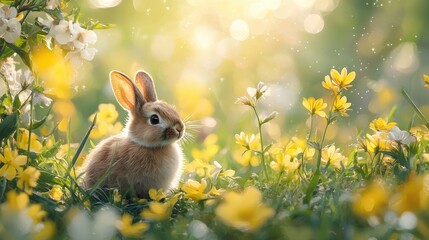 Fototapeta premium Cute Bunny in Flower Field Under Soft Sunlight, Captivating Nature Scene with Vibrant Colors and Delicate Details
