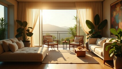 Cozy design of modern Balcony On a Sunny Day, cinematic photography