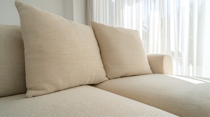 Beige sofa pillows sunlit room interior design