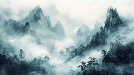 Naklejka premium Misty Mountains Enveloped in Serene Cloudscape