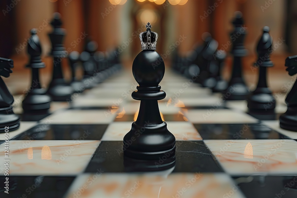 Poster a close-up of a black pawn on a chessboard, showcasing elegant design and depth of field, with blurr